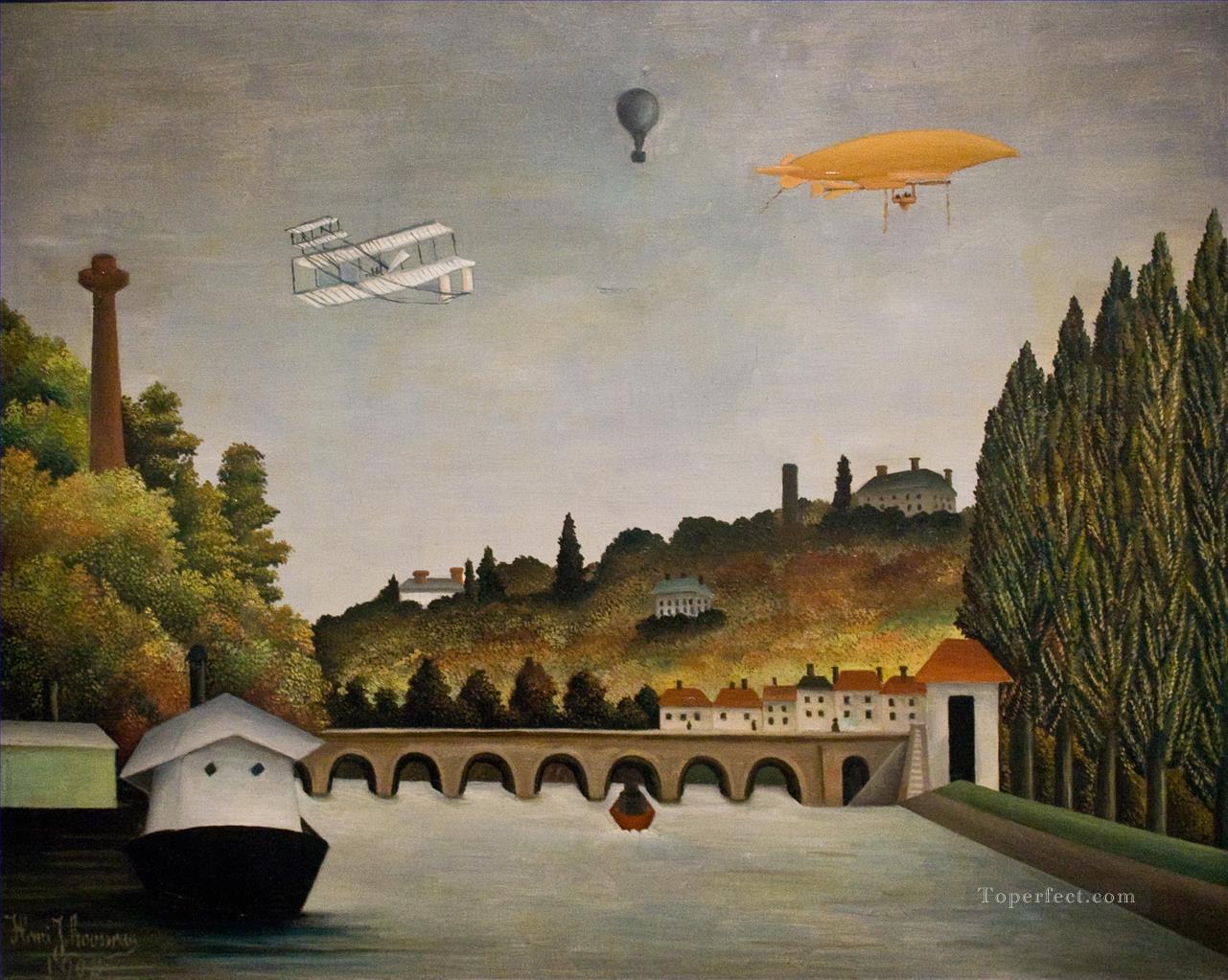 View of the Bridge in Sevres and the Hills of Clamart Saint Cloud and Bellevue with biplane balloon and dirigible Henri Rousseau Post Impressionism Naive Primitivism Oil Paintings